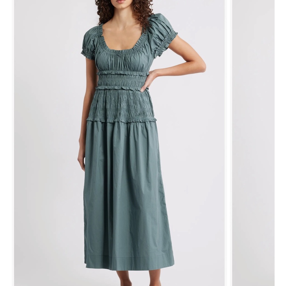 Doen Leanne Smock Waist Tiered Organic Cotton Dress lagoon large